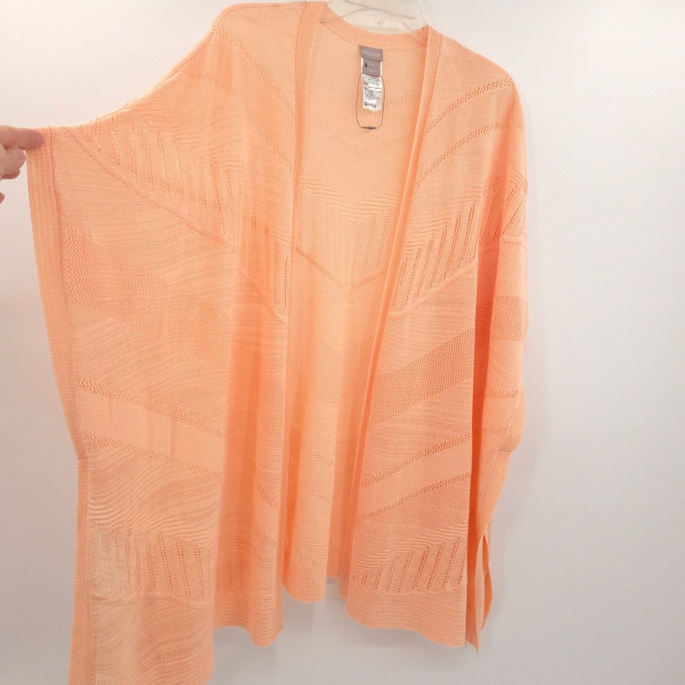 Chico's Poncho Cardigan Women L/XL Peach Orange Pointelle Chevron Open Front